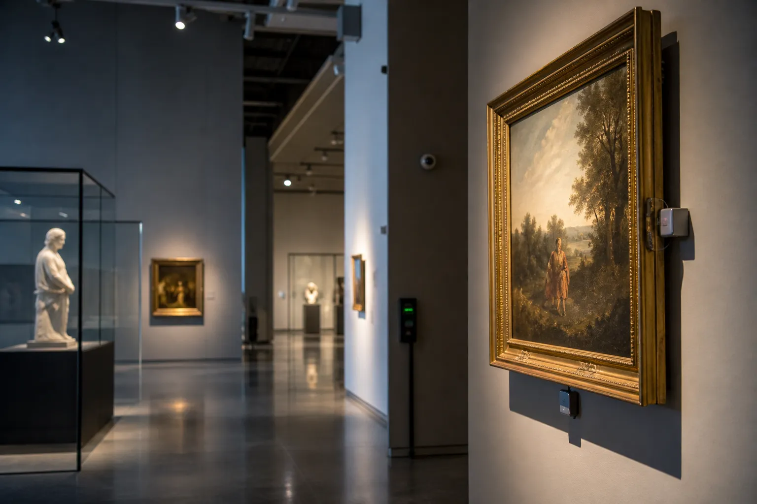 Wnętrze muzeum z obrazem i czujnikami chroniącymi eksponaty